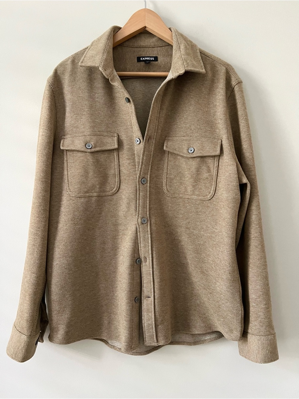 Express Men Herringbone Double Pocket Knit Button Up Shirt Jacket Shacket Tan M